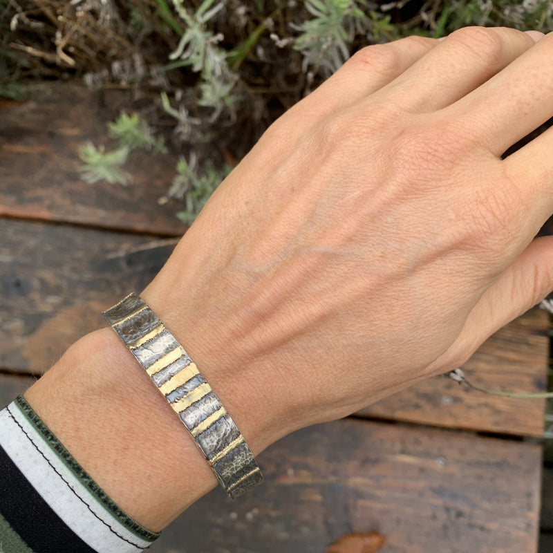 Narrow open cuff Simply metals with gold strips