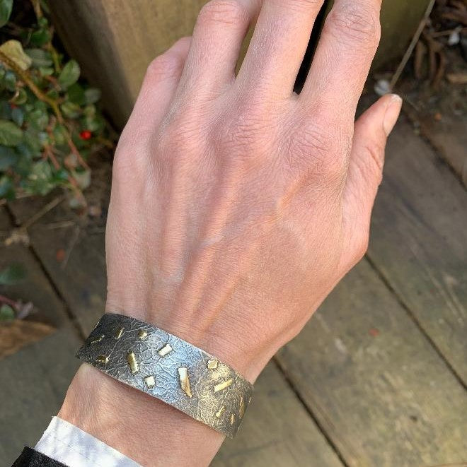 Narrow open cuff Simply metals with gold geometric parts