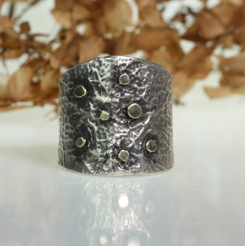 Ring Simply metals with structure and gold dots