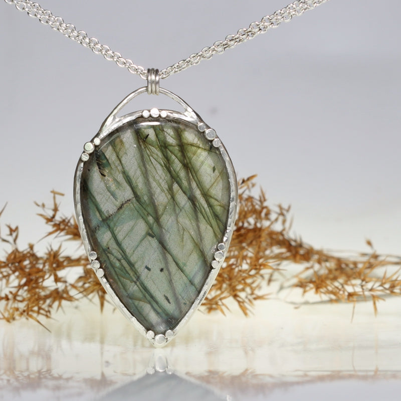 Necklace with big green labradorite - pear shape