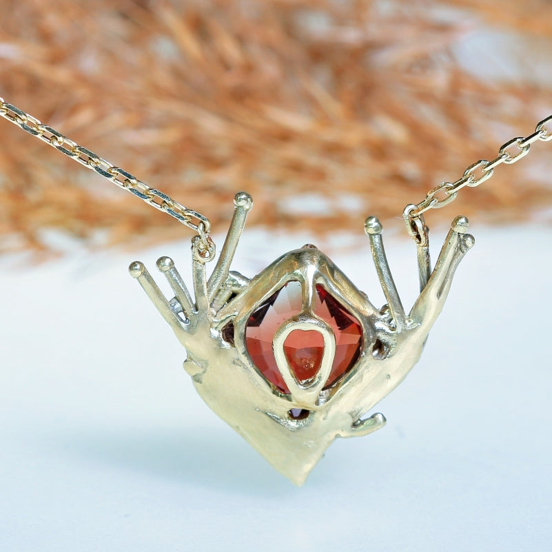 Gold necklace with big square red rare Oregone sunstone