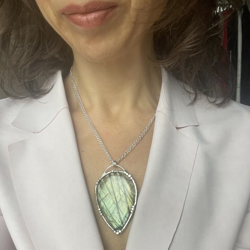 Necklace with big green labradorite - pear shape