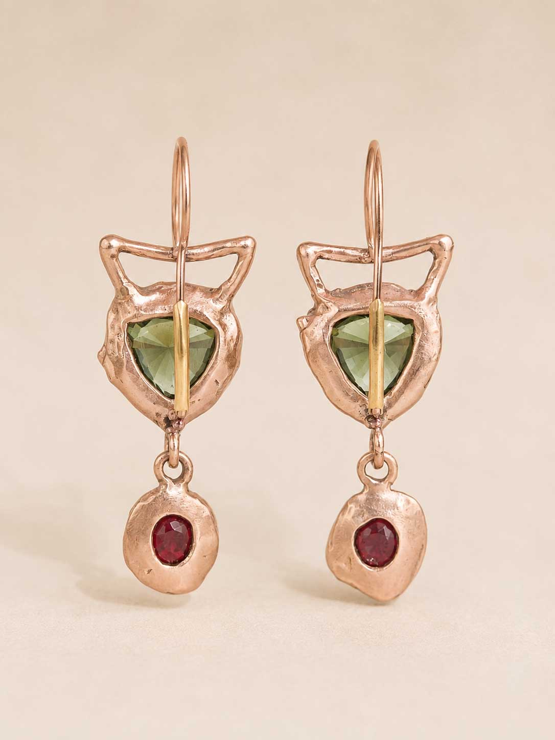 Gold earrings with moldavites and Czech garnets - rose gold