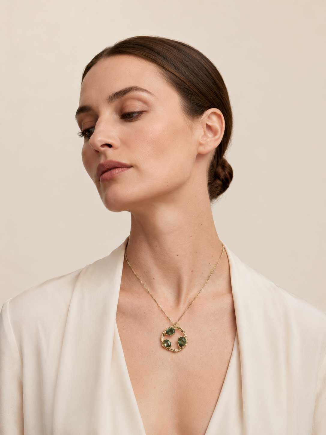 Gold necklace Circle with three luxury moldavites