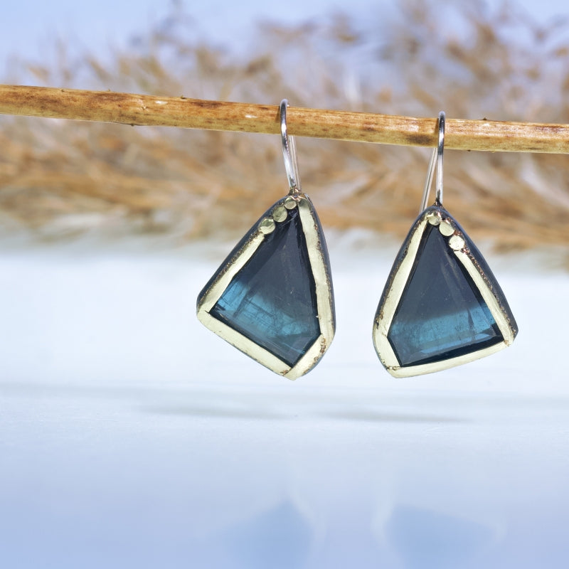Earrings with geometric dark blue tourmaline