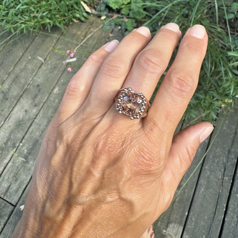 Rose gold Galaxy ring with peach pink tourmaline