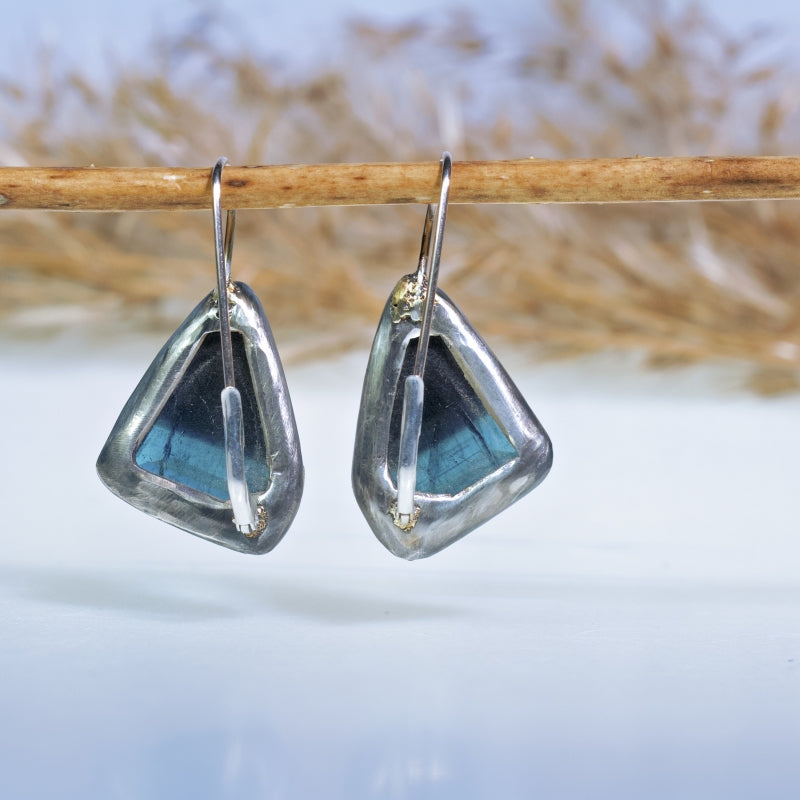 Earrings with geometric dark blue tourmaline