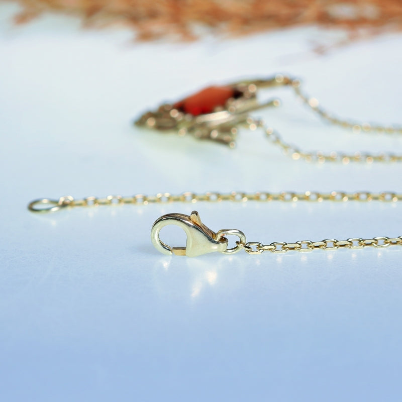 Gold necklace with big square red rare Oregone sunstone