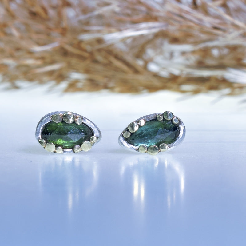 Stud earrings with teal tourmalines and gold dots