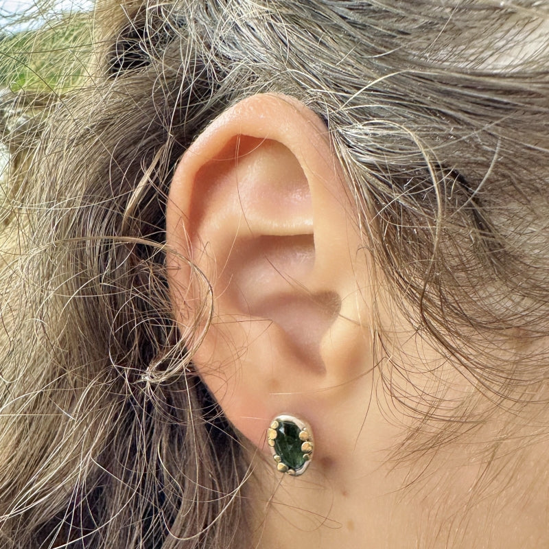 Stud earrings with teal tourmalines and gold dots