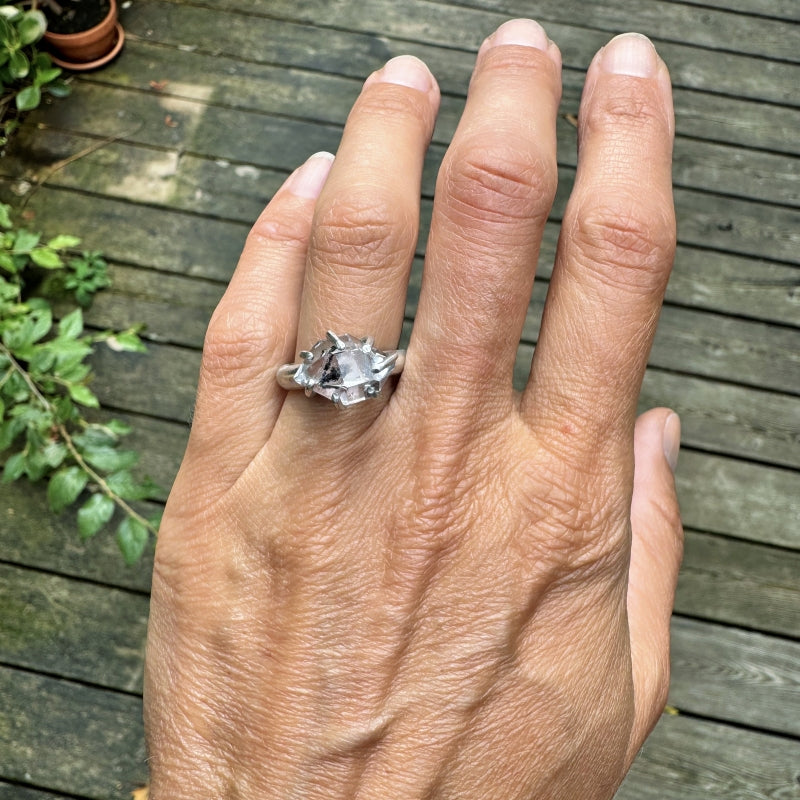Ring with small Herkimer quartz