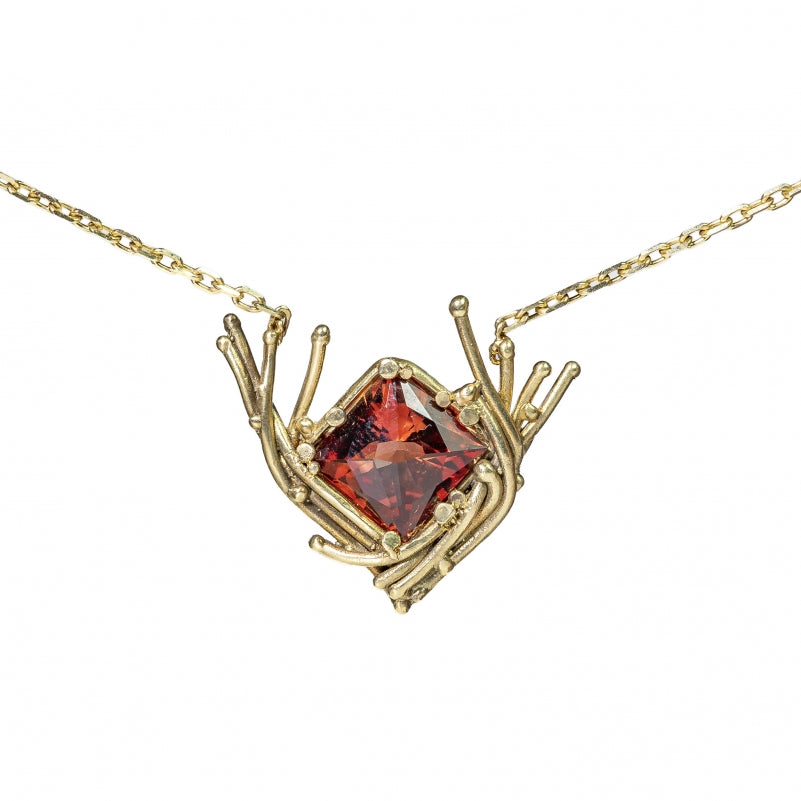 Gold necklace with big square red rare Oregone sunstone
