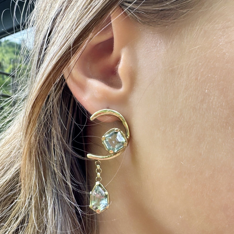 Gold earrings Half moon with aquamarines