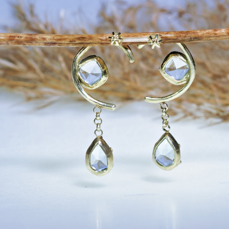 Gold earrings Half moon with aquamarines