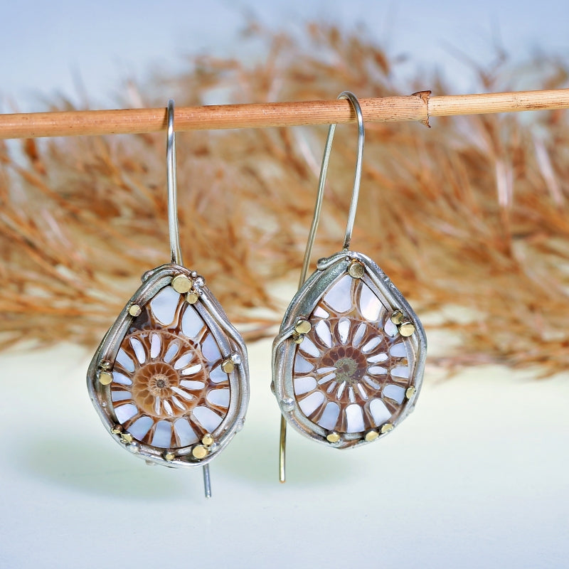 Earrings with ammonites with mother of pearl inlay