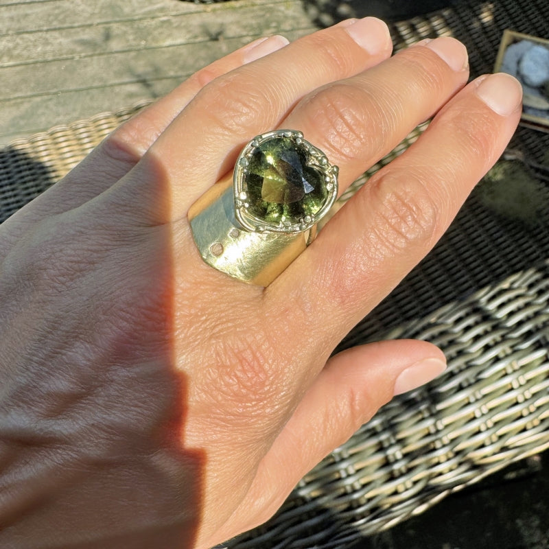 Wide gold ring with heart shape moldavite