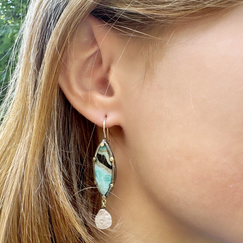 Earrings with Indonesian opalized wood and silver fringe