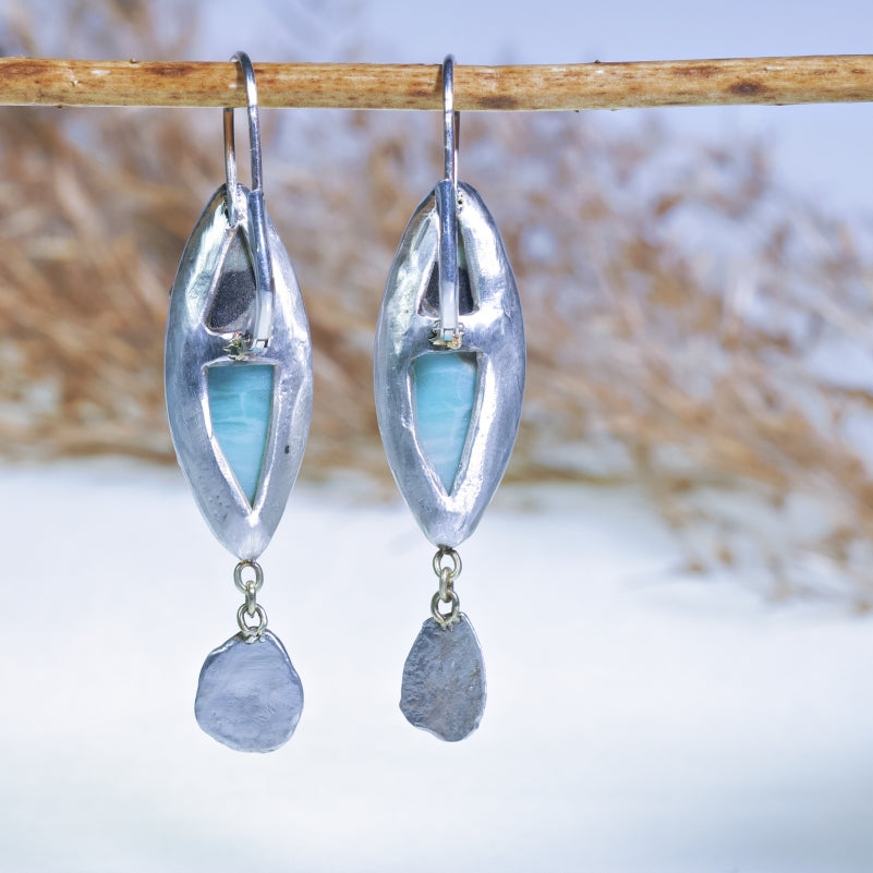 Earrings with Indonesian opalized wood and silver fringe