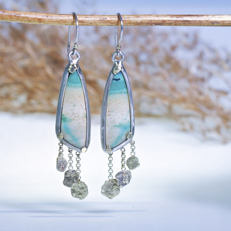 Earrings with Indonesian opalized petrified wood and gold fringe