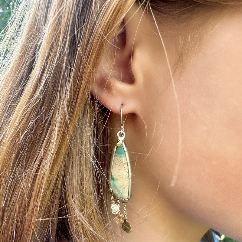 Earrings with Indonesian opalized petrified wood and gold fringe