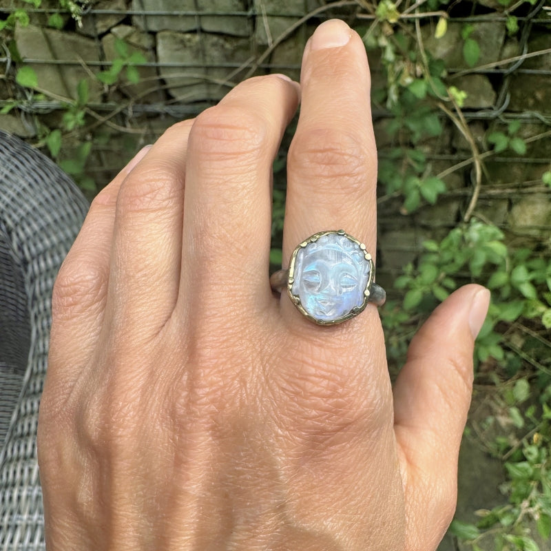 Buddha ring with rainbow moonstone