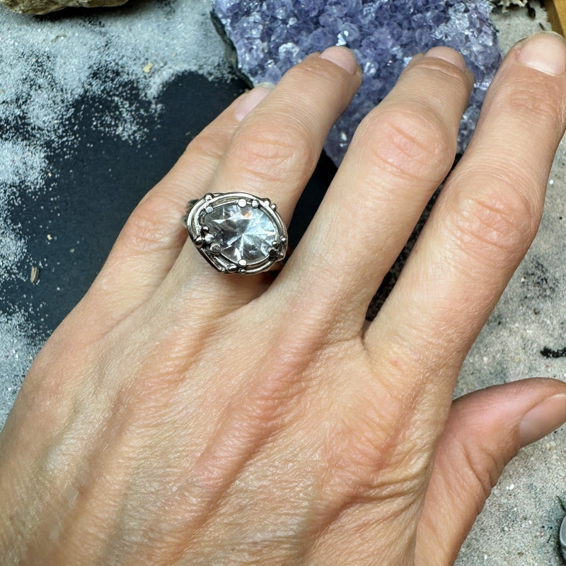 White gold ring with pear shape danburite