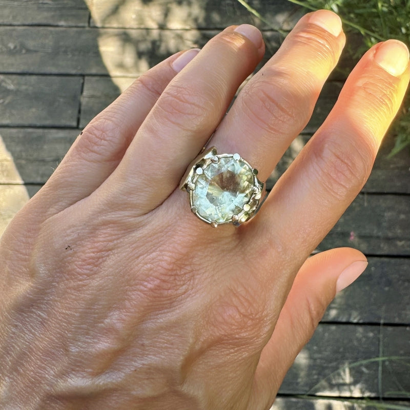 Gold ring with Libyan Desert Glass and heart band