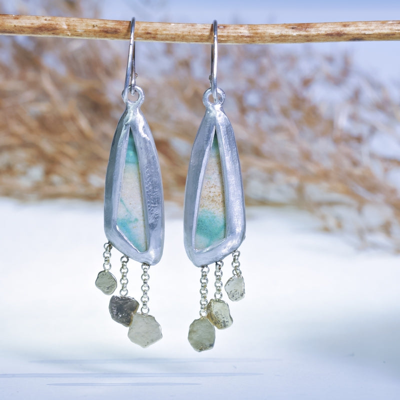Earrings with Indonesian opalized petrified wood and gold fringe