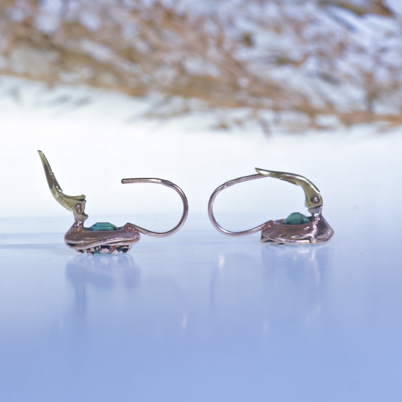 Rose gold hanging earrings with green tourmalines
