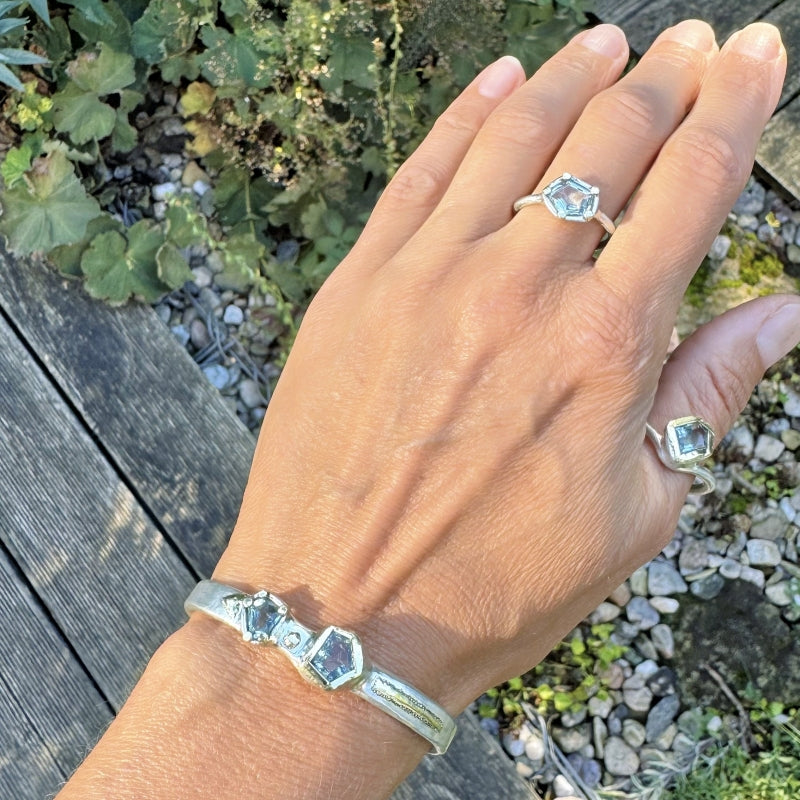 Cuff bracelet with two aquamarines