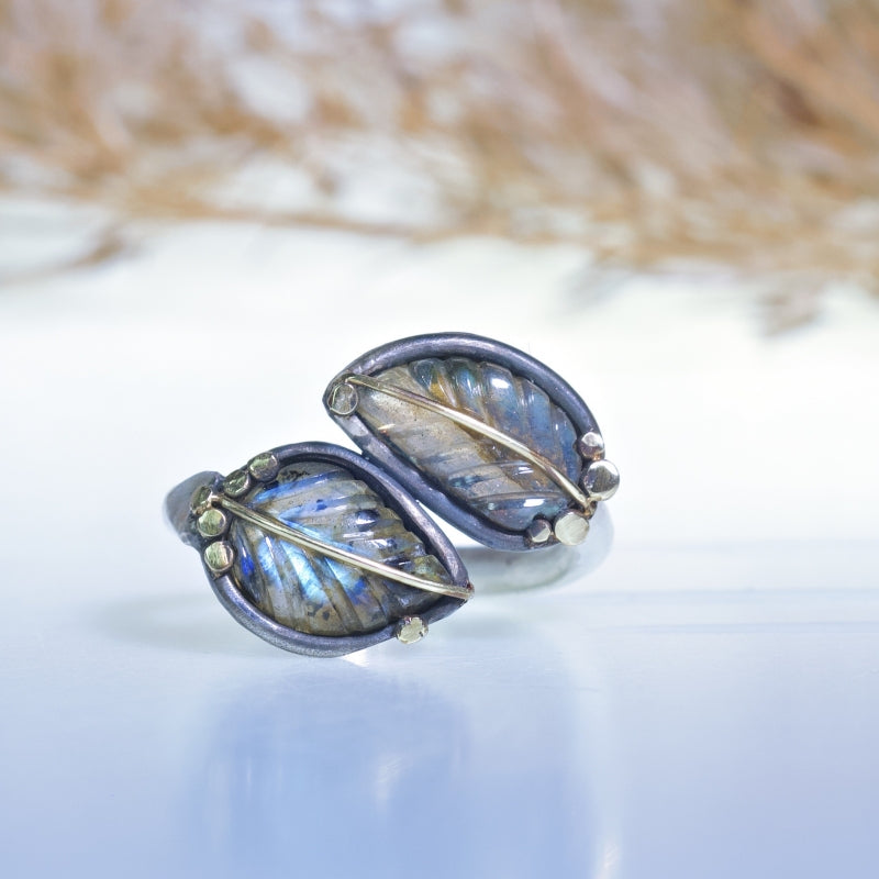 Ring with two labradorite leaves