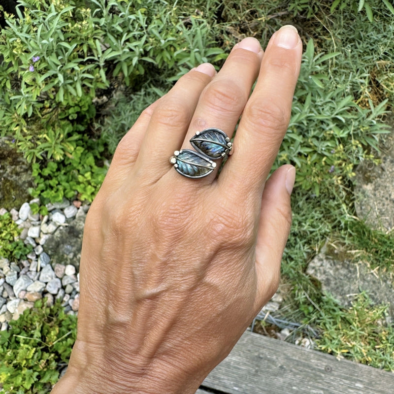 Ring with two labradorite leaves
