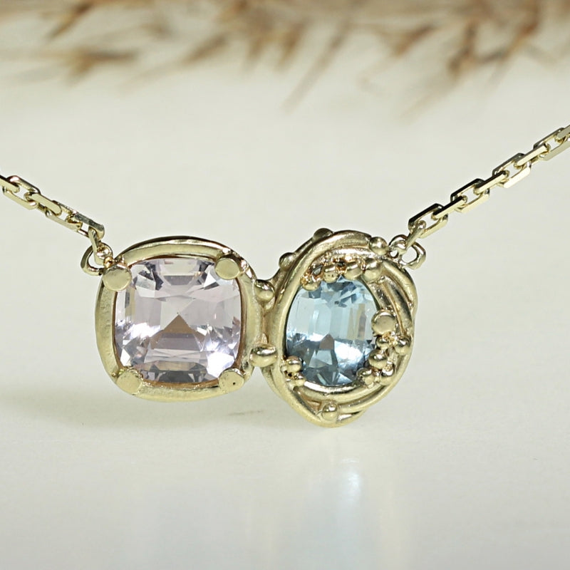 Gold necklace with morganite and aquamarine