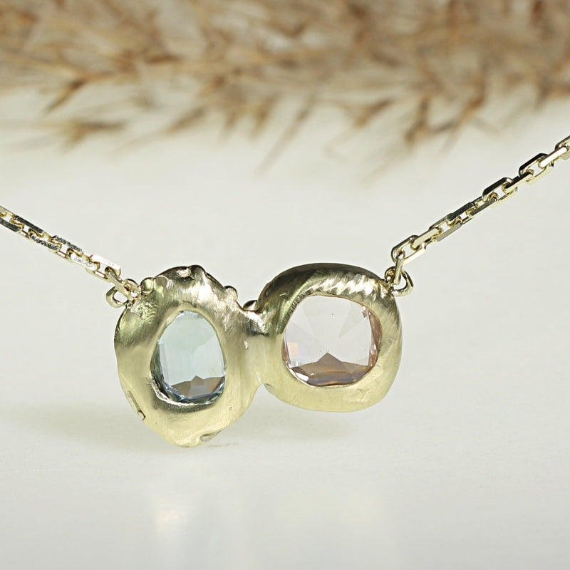Gold necklace with morganite and aquamarine