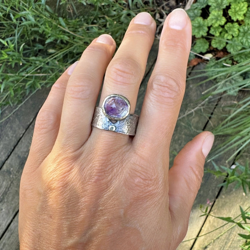 Ring with rutile amethyst and wide band