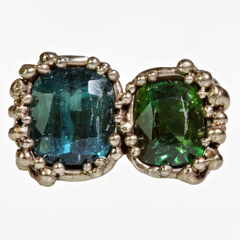 White Galaxy gold ring with two tourmalines