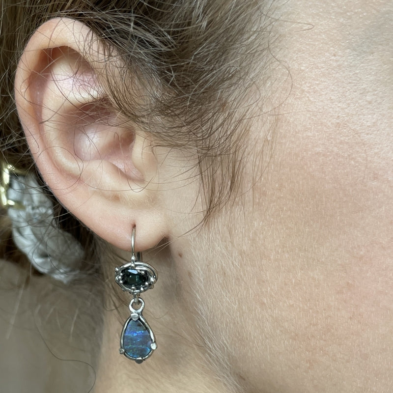 White gold earrings with opals and tourmalines