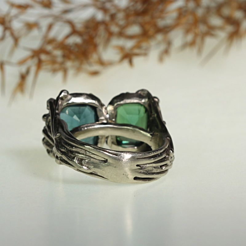 White Galaxy gold ring with two tourmalines