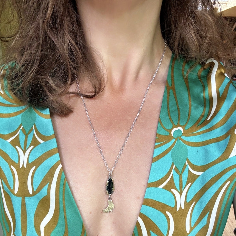 Necklace with teal tourmaline and gold half moon