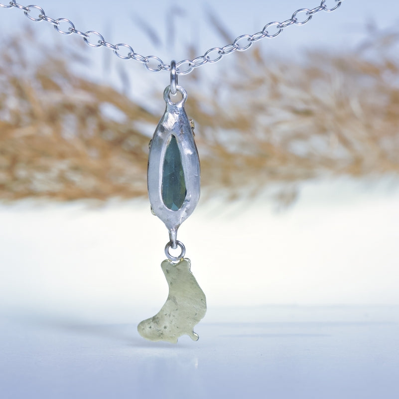 Necklace with teal tourmaline and gold half moon