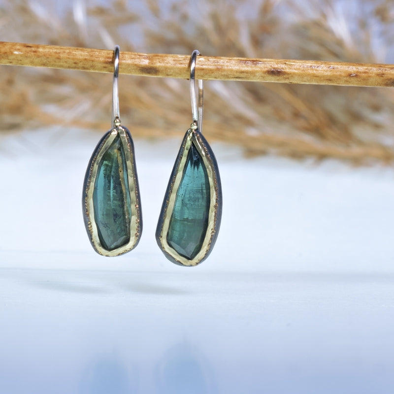 Hanging earrings with green long drop tourmalines