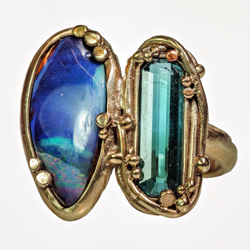White gold ring Boulder opal and tourmaline