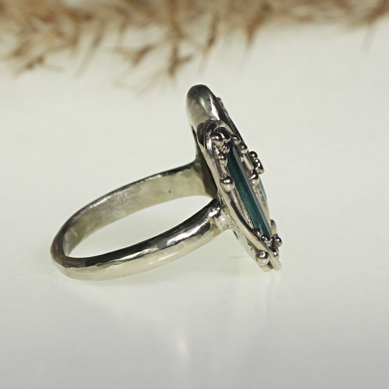 White gold ring Boulder opal and tourmaline