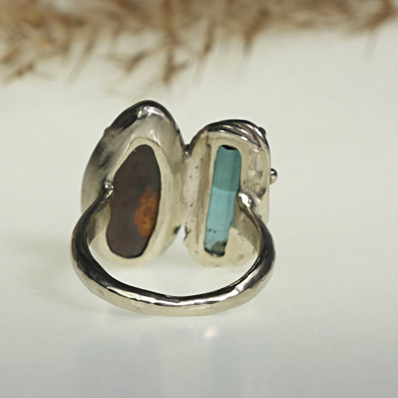 White gold ring Boulder opal and tourmaline