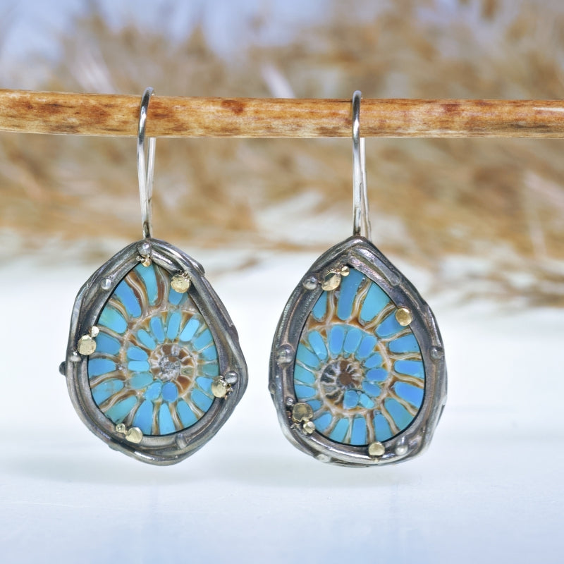 Drop earrings with ammonite with turquoise inlay