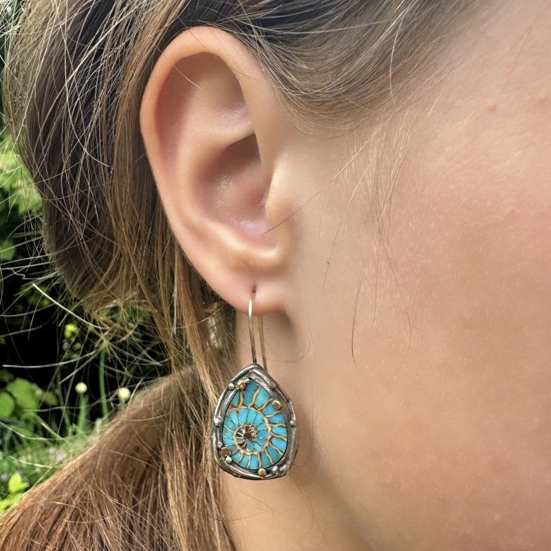 Drop earrings with ammonite with turquoise inlay