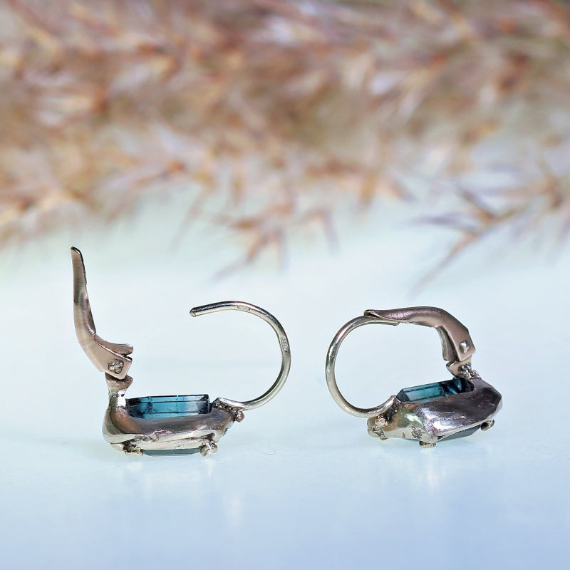 White gold tiny earrings with blue-purple tourmalines