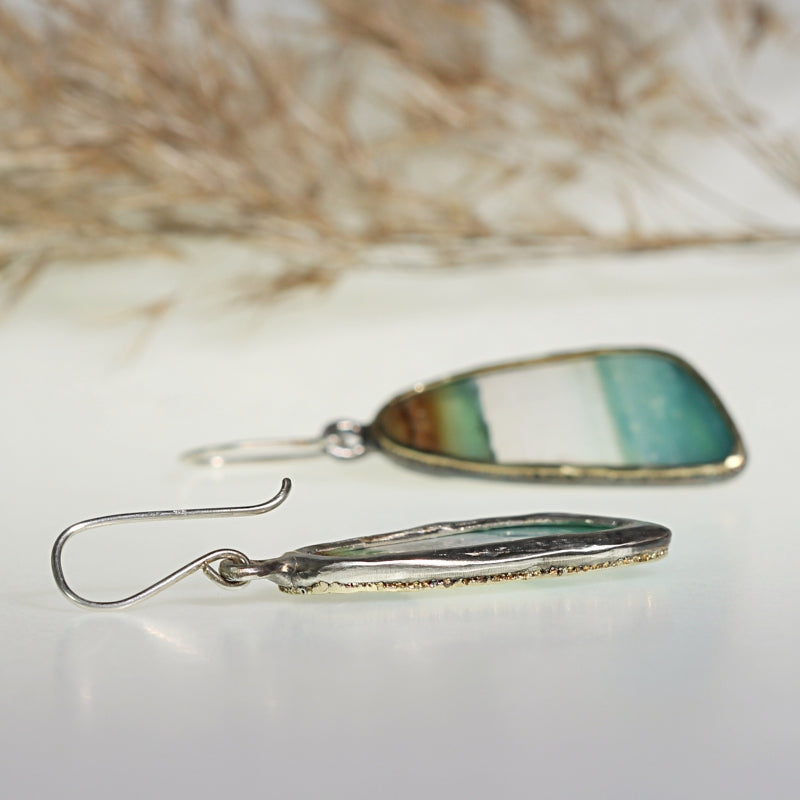 Hanging earrings with Indonesian opal wood and gold line