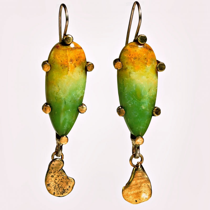Hanging earrings with Indonesian opal wood and gold pendant