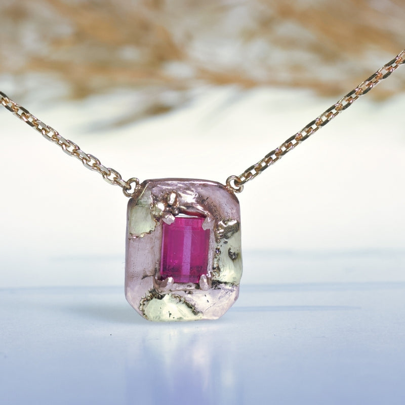 Rose gold necklace ”Venetian mirror” with bright pink tourmaline